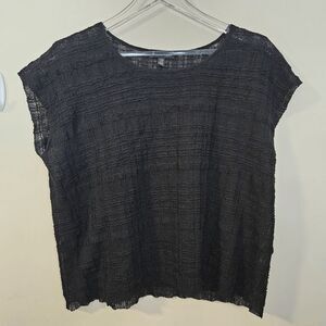 Eileen Fisher Sheer Hemp Shadow Plaid Boxy Tee Blouse Cap Sleeve Womens Black Si